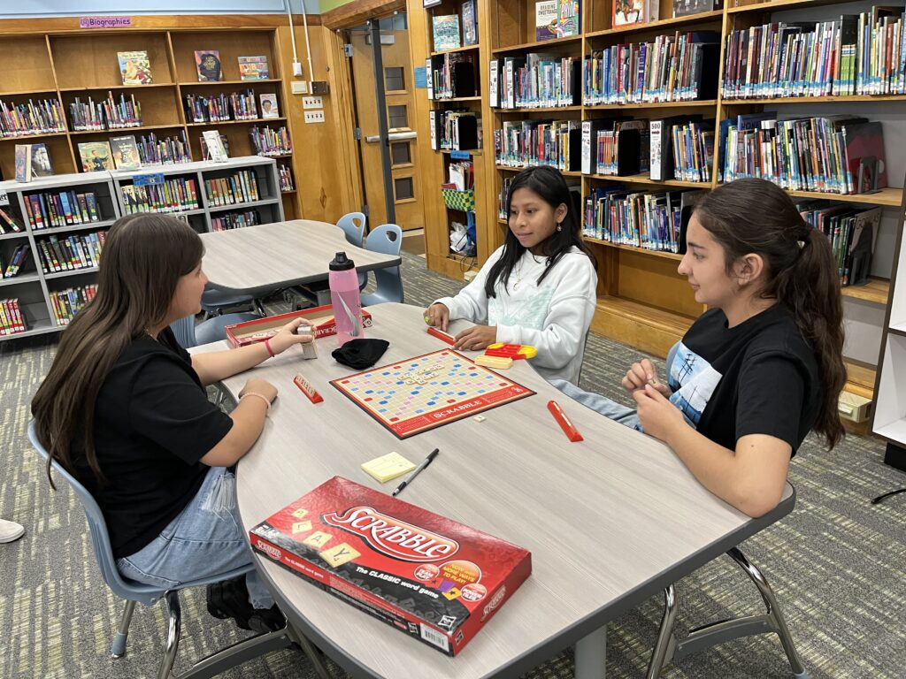 Students playing games in library